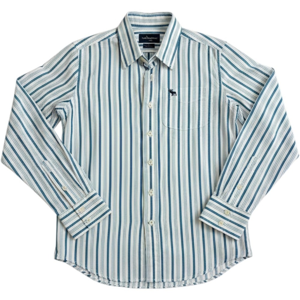Abercrombie Button Down Shirt Kids Large White Blue Striped Long Sleeve Moose